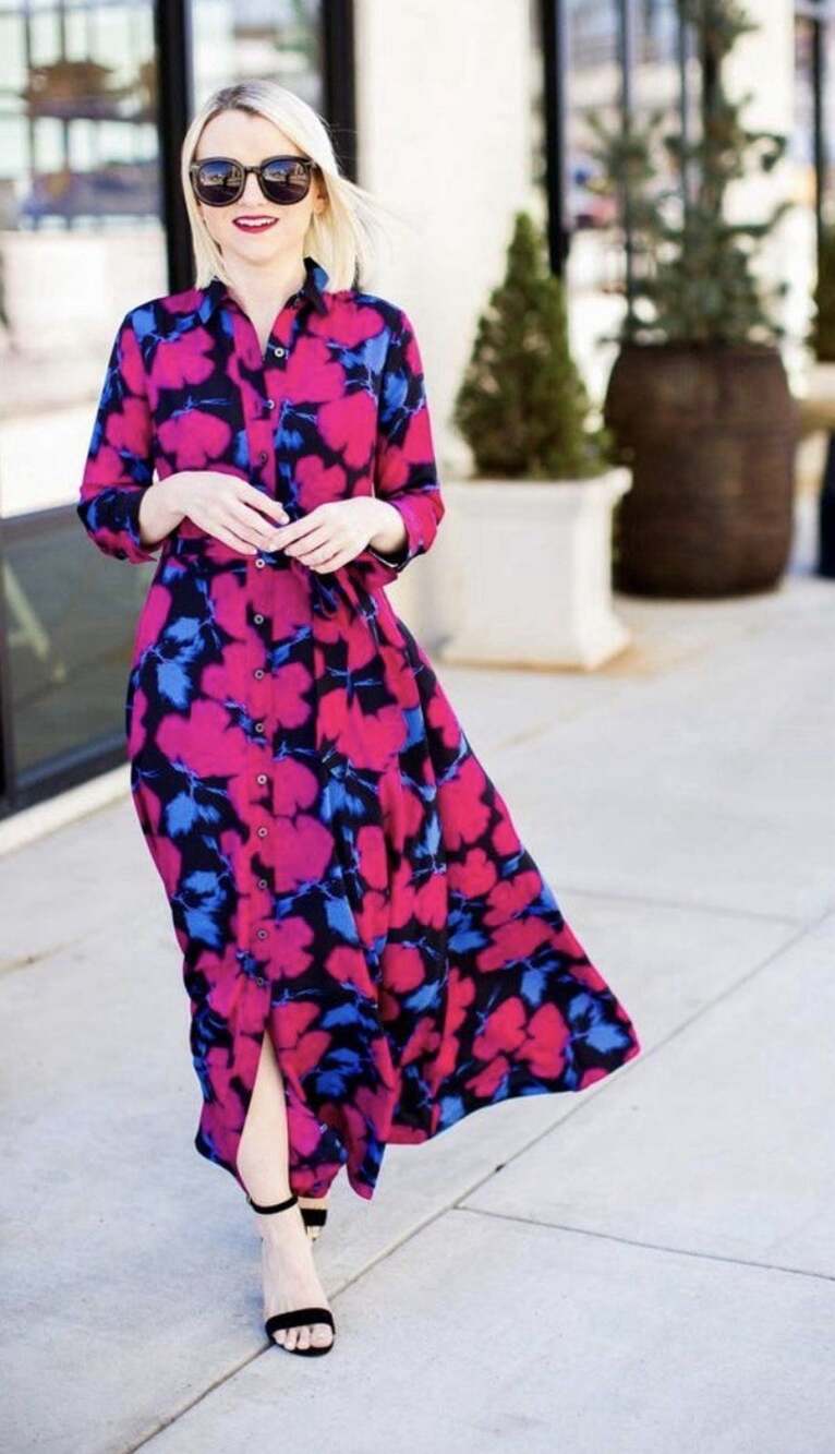 Banana Republic Floral Shirt Dress Size 2 Maxi Long Sleeve Belted Pink Blue